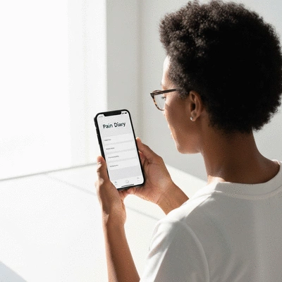 Patient bei der Nutzung einer Schmerztagebuch-App auf dem Smartphone
