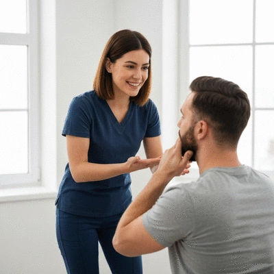 Physiotherapeut, der einem Patienten Kieferübungen zeigt
