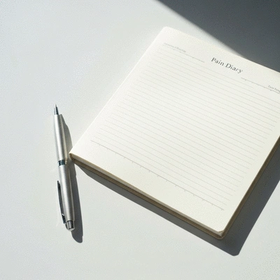 Schmerztagebuch und Stift auf einem Tisch
